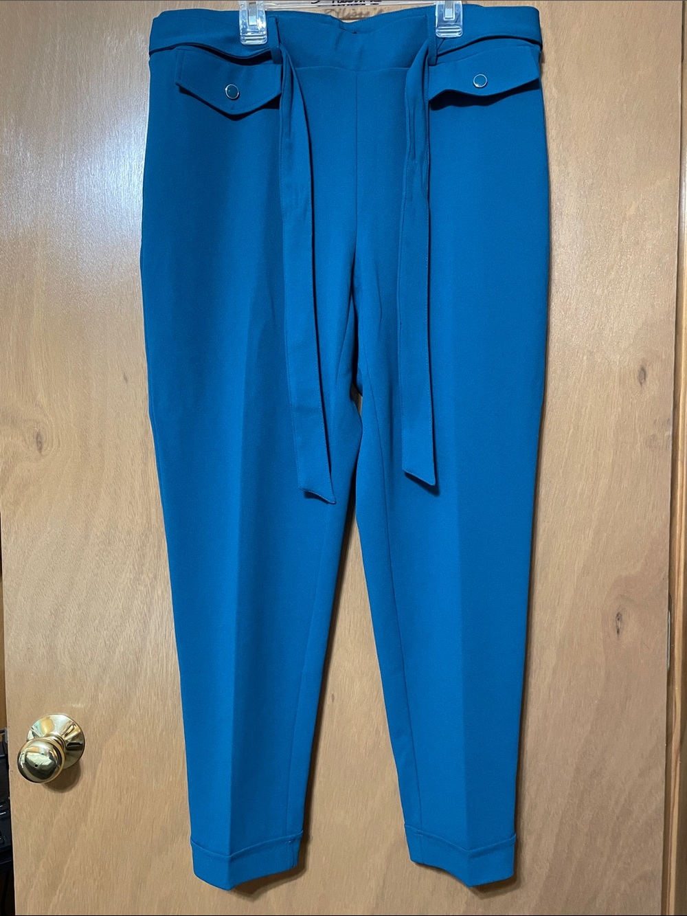 Teal High-Waist Tapered Trousers with Tie Belt